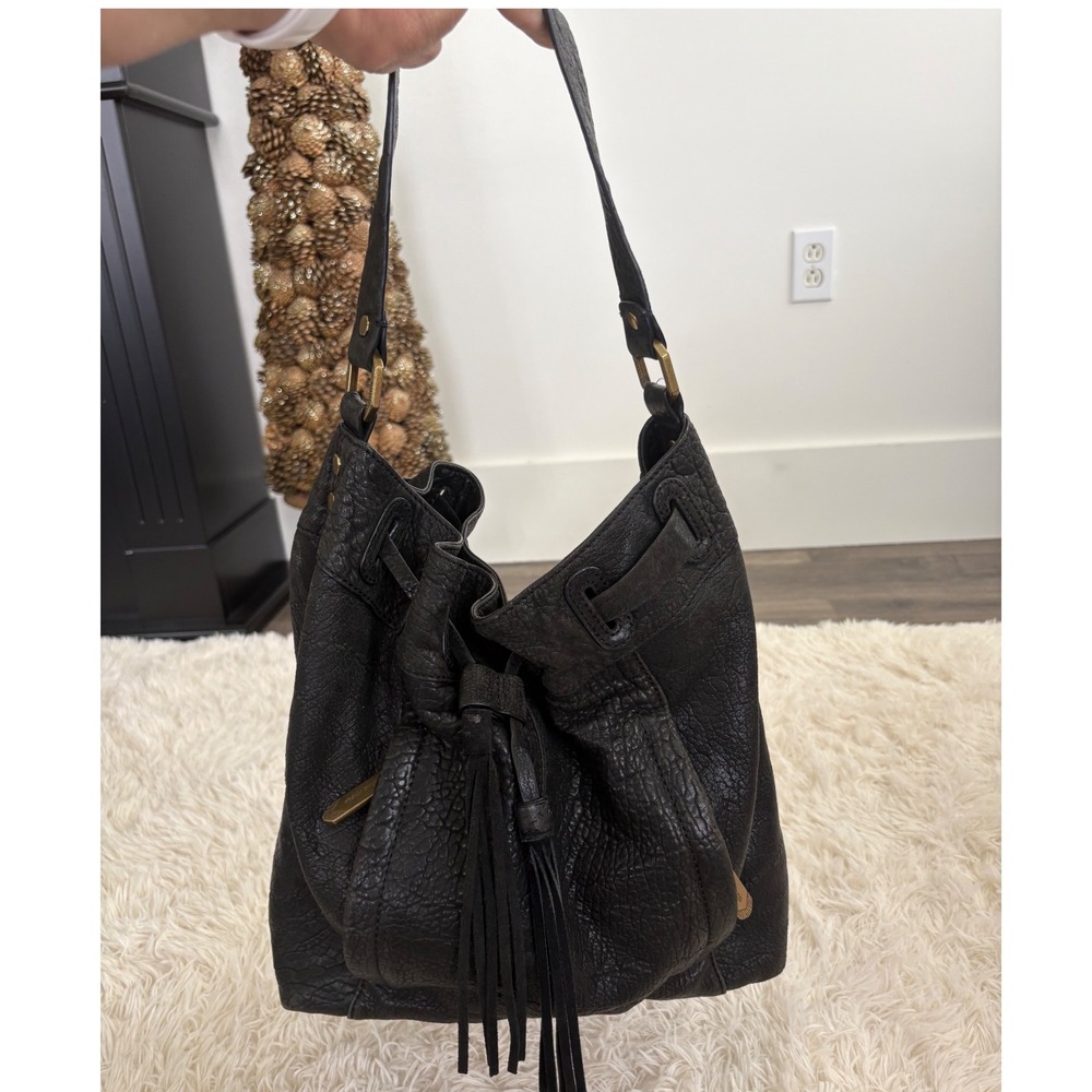 Ella Moss Black Leather Bucket Bag Hobo Purse Tassel‎ Drawstring Shoulder Bag